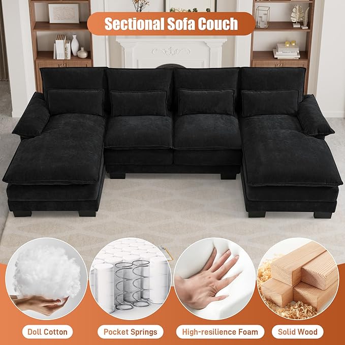 U Shape Cloud Couch Sectional Sofa for Living Room 110 Modern Chenille Comfy Cloud Sofa 4 Seat Upholstered Modular Sofa with Memory Foam &amp Double Chaise Jet Black
