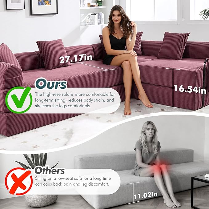 10-in-1 Folding Convertible Sofa Bed 141 Inch Boneless Couch with Fixed-Shape Frame Corduroy Modular Sectional Sofa Mattress Sleeper Sofa Floor Sofa Futon Couch for Living Room (Wine Red)