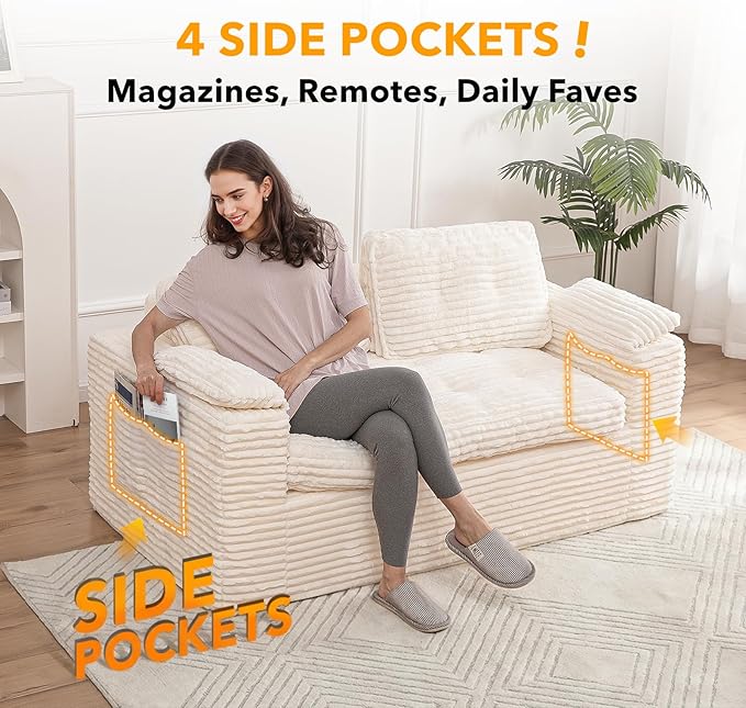Boneless Loveseat 2 Seater Deep Seat Loveseat Sofa with Wide‑Wale Corduroy for Small Spaces &amp Living Room 60” Width No Assembly Washable Cover Beige