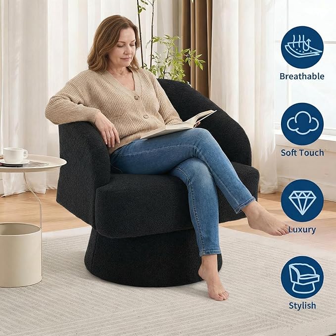 Swivel Barrel Chair - Velvet Upholstered Modern Armchair with Striped Backrest &amp Plush Padding Round Lounge Chair for Living Room Bedroom (Black-Openwork-(2 Pcs))