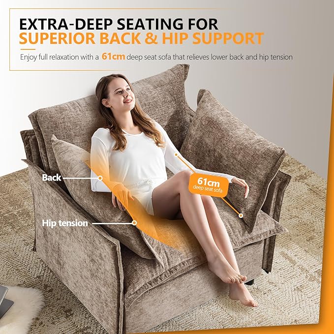 VINGLI 34 Oversized Accent Chairs Set of 2 Light Brown Reading Chair Upholstered Armchair Soft Chenille Fabric Living Room Chairs Sofa for Adults Bedroom Home Office Play Room