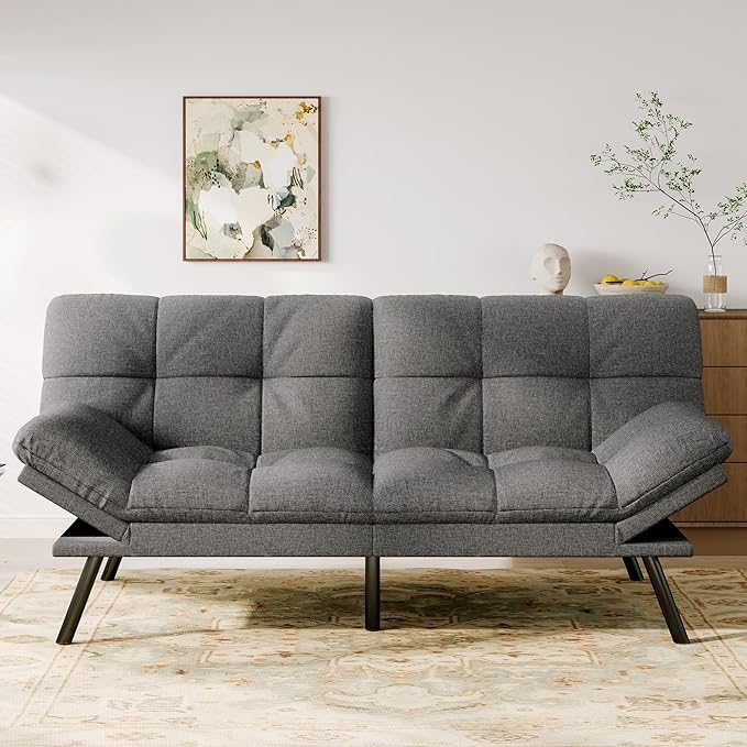 Vyfipt Convertible Futon Sofa Bed 71 Memory Foam Futon Couch with DetachableAdjustable BackrestLinen Fabric Folding Small Loveseat Sleeper for for Living RoomRVOfficeApartmentLight Grey