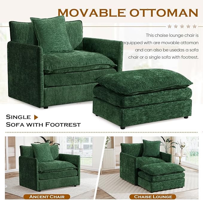Oversized Chaise Lounge Chair Indoor Modern Comfy Chenille Cloud Accent Chair and A Half with Ottoman Single Deep Seat Sofa Couch Reading Armchair for Living Room Bedroom Apartment Green