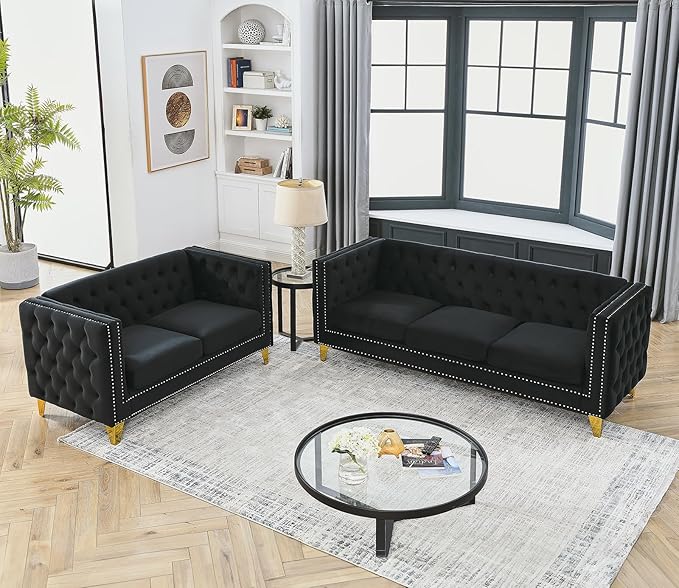 Velvet Living Room Sofa Set of 2 Comfy Loveseat and 3 Seater Couch Modern Sofa with Tufted Back and Rivet Decoration Upholstered Long Couch with Solid Golden Metal Tapered Legs Black