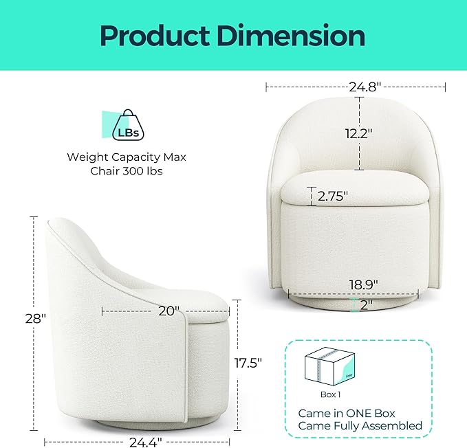 LINSY Swivel Accent Chair with Storage Comfy Chenille Barrel Chairs Small 360 Swivel Modern Armchair for Living Room Bedroom Boucle Reading Chair for Study Room (Beige)