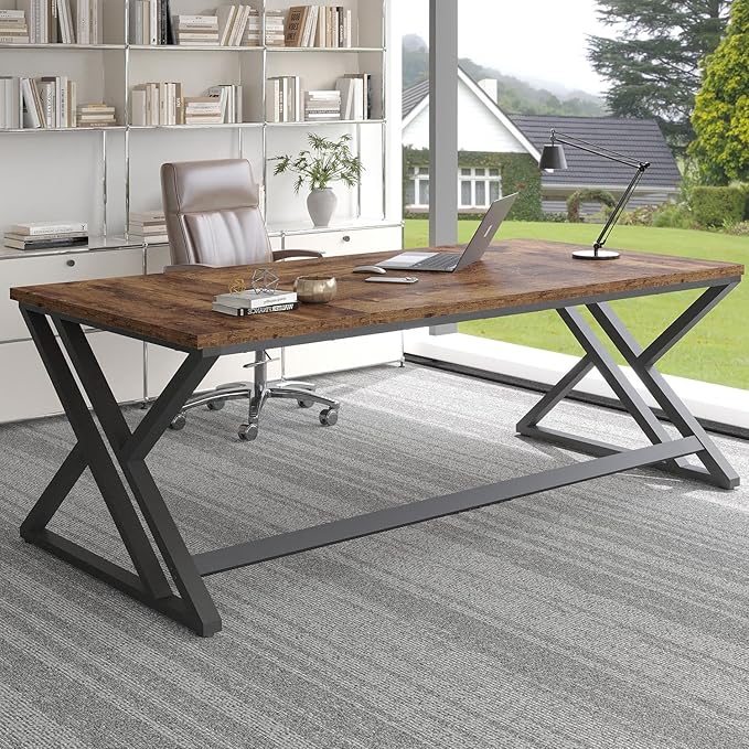 LVB 78.7 Computer Desk Industrial Extra Long Wood Home Office Desk Large Rustic Modern Metal Workstation Pc Study Writing table Dual monitor Double Work Executive Desk for Two Person Rustic Brown