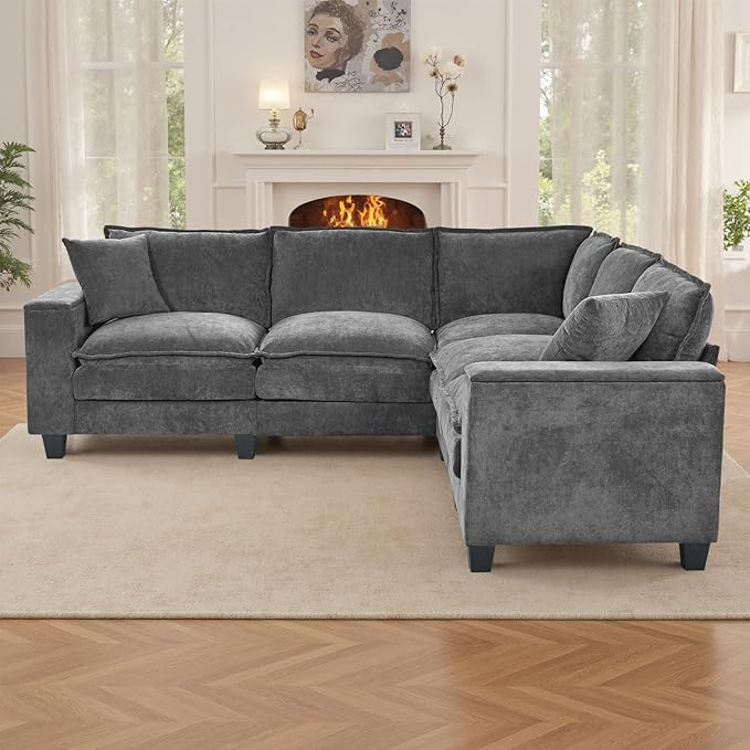 97 5 Seater L Shaped Couch Corner Sofa Oversized Cloud Couch with 2 Pillows Chenille Modular Sectional Sofa Armrests with Two Hidden Storage Space Sectional Couches for Living Room Dark Grey