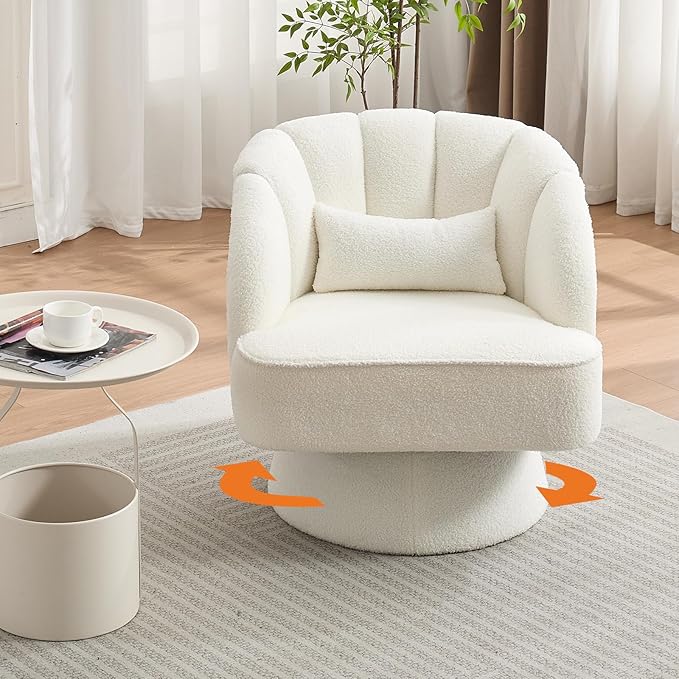 GarveeHome Modern Swivel Barrel Accent Chair 360° Teddy Fabric Upholstered Armchair with Striped Backrest &amp Plush Padding Comfy Round Lounge Chair for Living Room Bedroom Reading Nook Beige 2