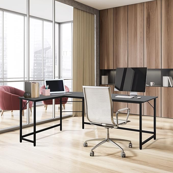 LEMY 66 Inch x 47 Inch Large L-Shape Corner Table Computer Workstation Bevel Edge Angle Design PC Laptop Table w/CPU Stand for Home Office - Black