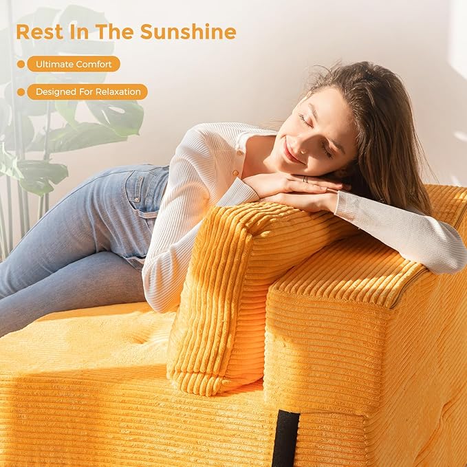 MAXYOYO Folding Sofa Bed Convertible Sofa Bed with High-Density Support Foam Portable 4 in 1 Fold Out Chair to Floor Lounger Versatile Floor Couch for Living Room Bedroom Orange