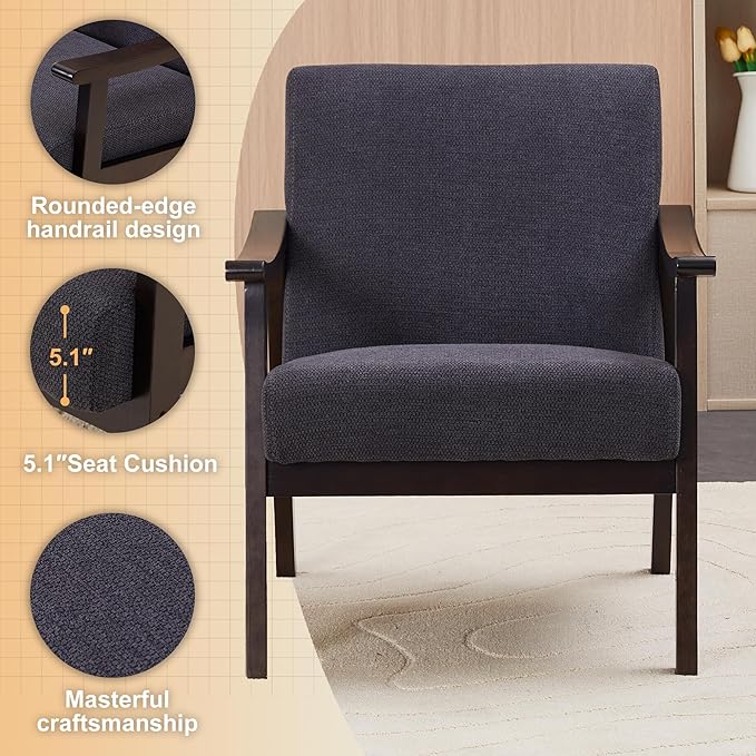 Mid Century Modern Accent Chair with Solid Wood Legs Comfy Leisure Reading Chairs for Living Room Lounge Seat Arm Chair for Office Bedroom (Antique Black)