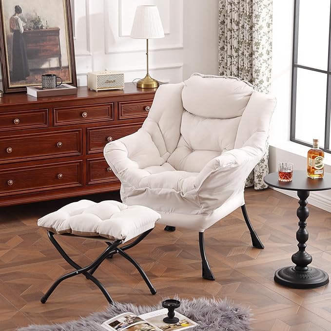 Lazy Chair with Ottoman Modern Accent Chair with Armrests and a Side Pocket Beige Accent Chairs Reading Chairs Oversized Armchairs for Bedroom Study Living Room Courtyard