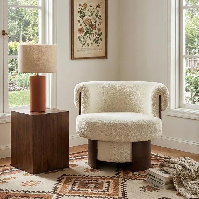 360° Swivel Barrel Chair Modern Curved Sculptural Swivel Barrel Chair Comfortable Fabric Upholstered Single Sofa for Living Room and Bedroom (Beige/143)