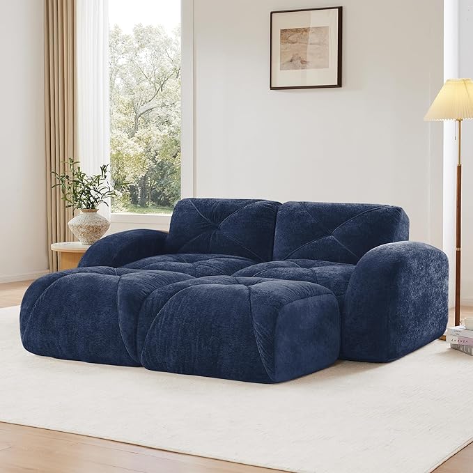 Boneless Couch Modular Sectional Sofa 80.3 U Shaped Sectional Couches for Living Room Upholstered Cloud Couch Retro Velvet Floor Sofa with Ottoman Deep Seat Loveseat for BedroomBlue