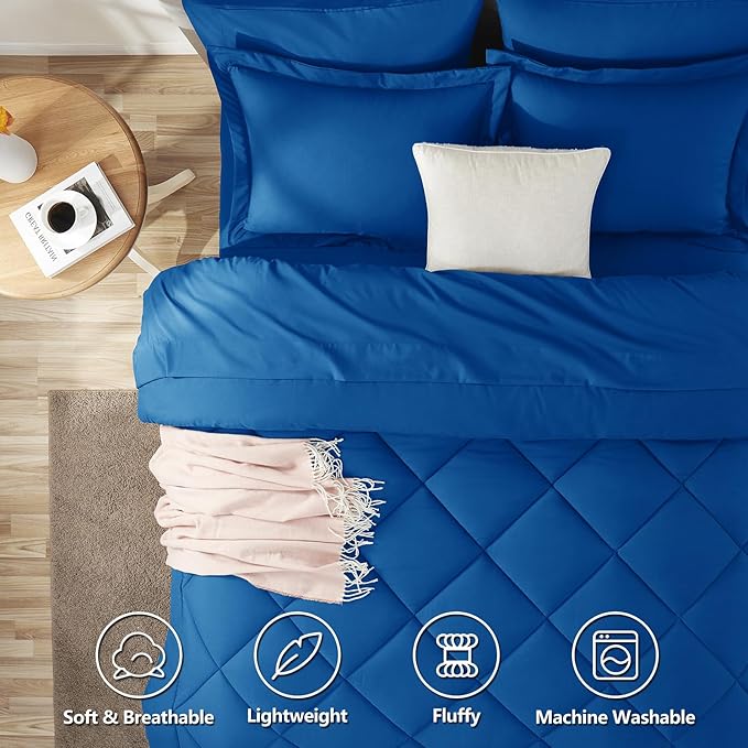 CozyLux Queen Comforter Set Classic Blue - Bed in a Bag Queen Size 7 Pieces Luxury Soft Bed Set for All Seasons Bedding Set with Down Alternative Comforter Sheets Pillowcases &amp Shams