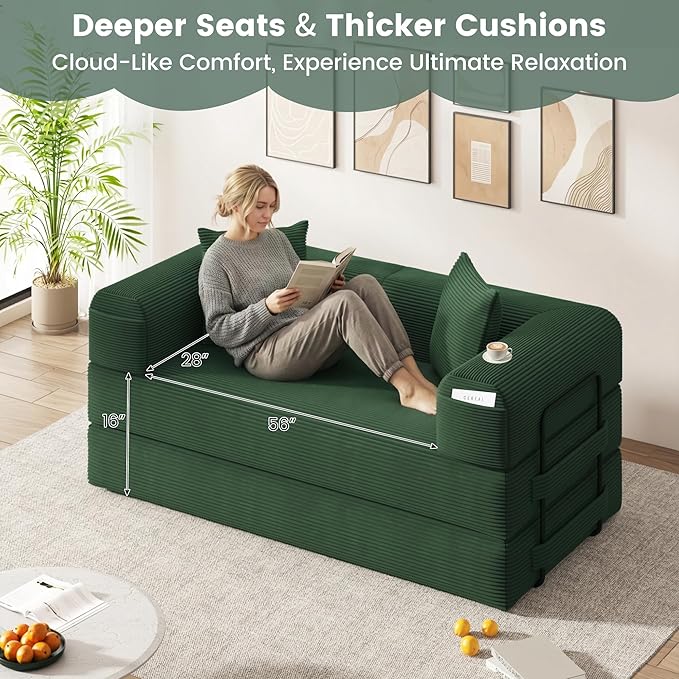 80 Convertible Sofa Bed 5 in 1 Modular Boneless Couch Sleeper Sofa Bed with Fixed Frame &amp Removable Backrest Pillow Washable Corduroy Futon Sofa Bed Couch in a Box for Small Spaces Dark Green