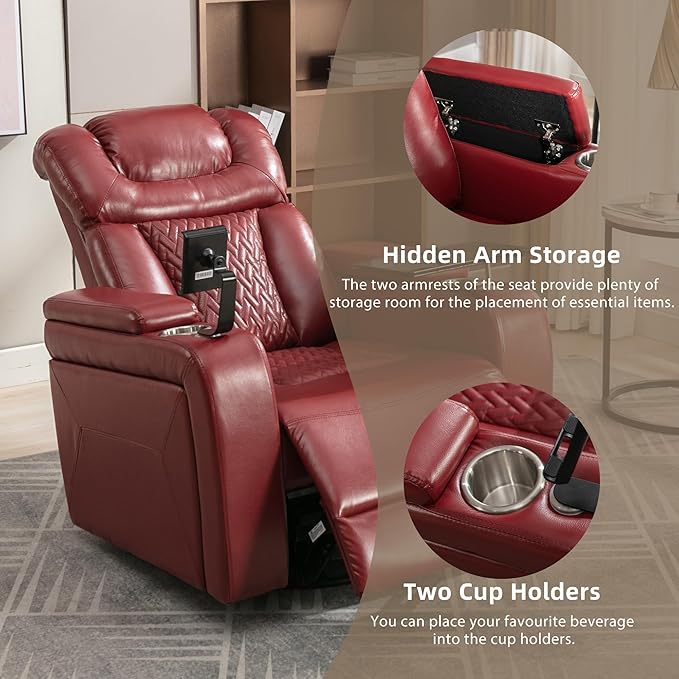270 Degree Swivel PU Leather Power Recliner Individual Seat Home Theater Recliner with Comforable Backrest Tray Table Phone Holder Cup Holder USB Port Hidden Arm Storage for Living Room Red