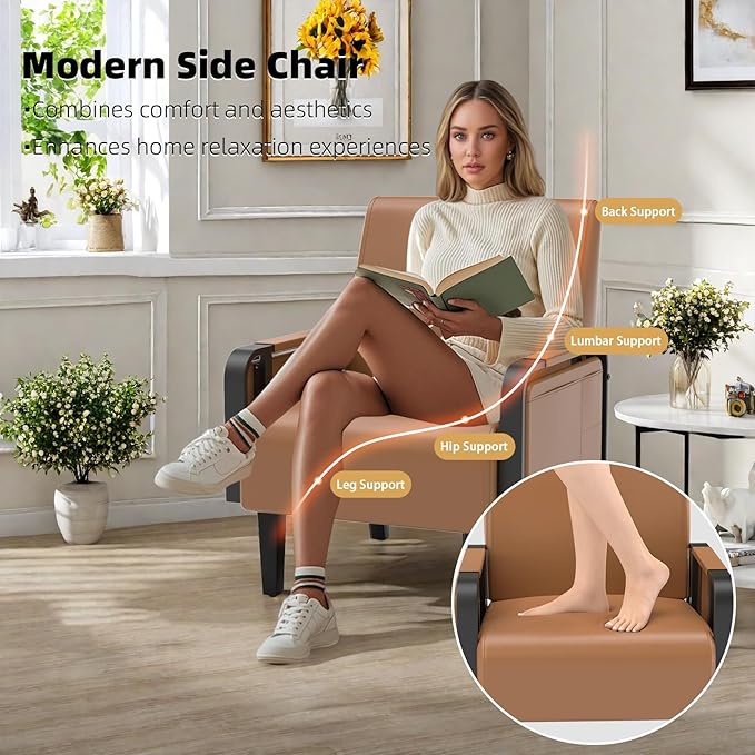 Faux Leather Accent Chairs Set of 2 Modern Upholstered Armchair with Tray Table Comfy Reading Chair for Living Room Bedroom Guest Room Brown