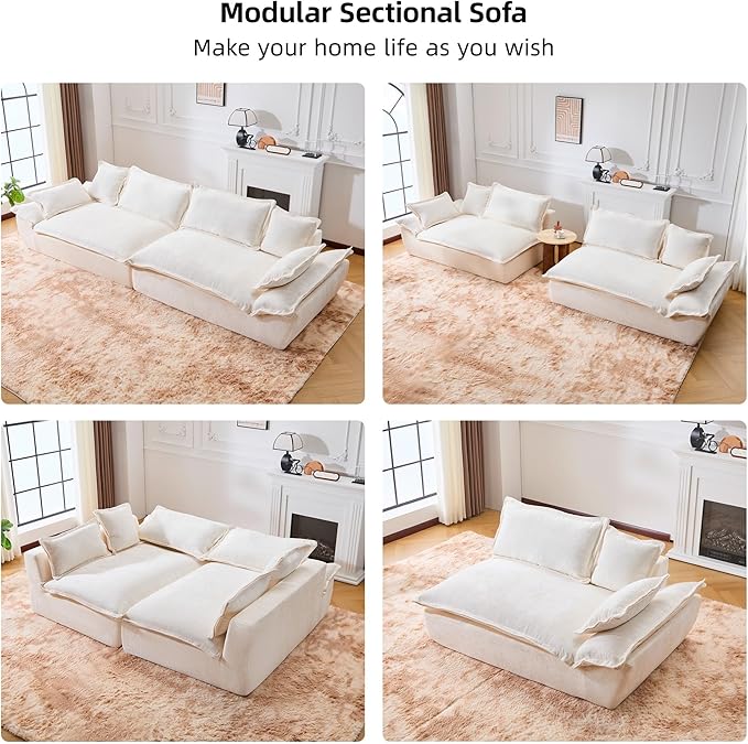 138 Modular Cloud Couch Sectional Couch with Deep Seats Wide Armrests and Multiple Pillows Boneless Couches Sofas Loveseat for Bedroom/Living Room/Apartment/Office (White Right)