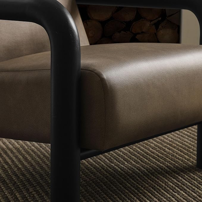 Modway Sereno Modern Vegan Leather Accent Chair in Mushroom Black with Rounded Wood Armrests – Faux Leather Lounge Chair for Living Room or Bedroom