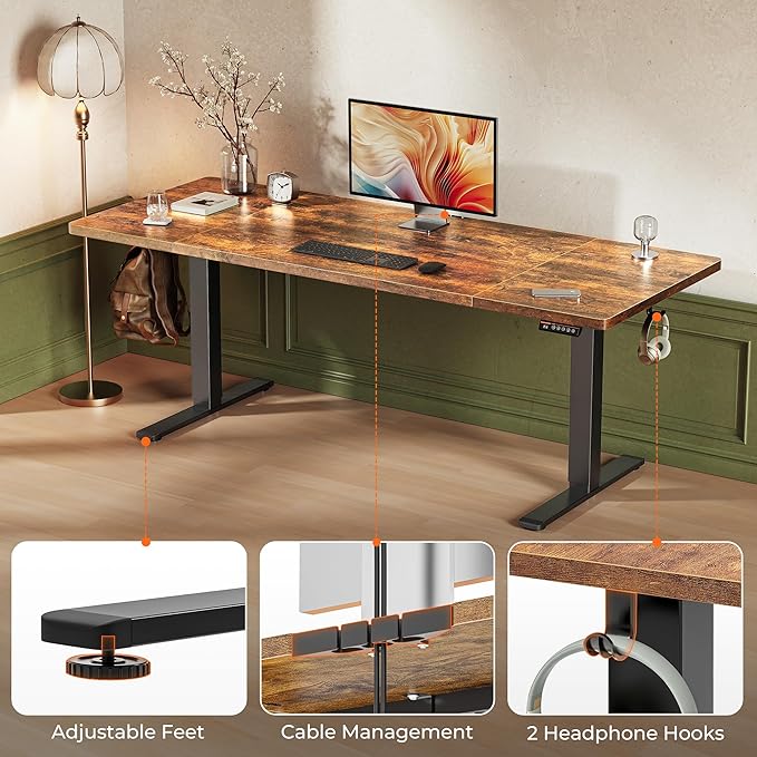 Huuger 71 x 30 Large Electric Standing Desk Height Adjustable Computer Desk 29.5 Deep Desktop Stand up Gaming Office Table with 2 Hooks 3 Preset Heights for Home Office Rustic Brown