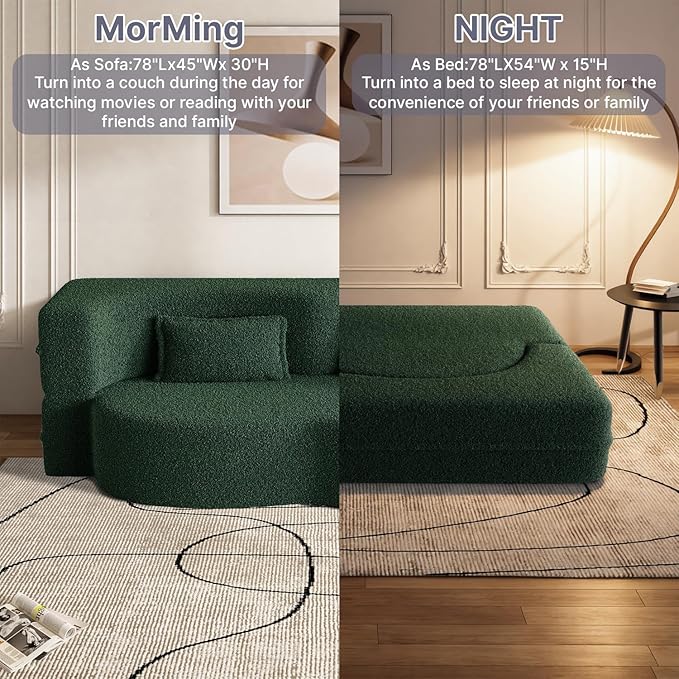 78 Inch Couch Queen Sleeper Loveseat Cloud Sofa Bed Convertible Folding Teddy Full Size Boneless Sofabed for Living Room Guestroom Lazy Lounge Floor Fold Out Sofa Bed No Assembly (Green)