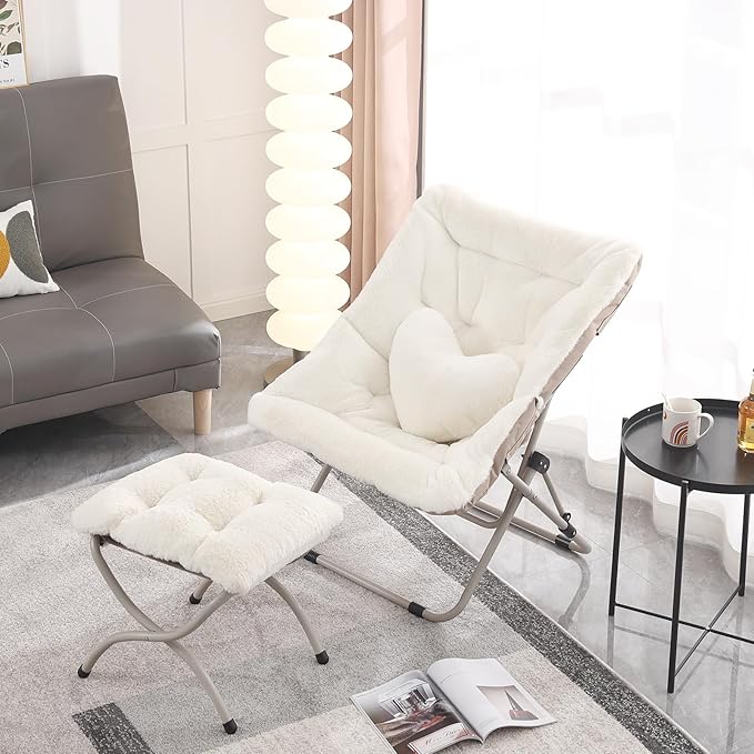 Saucer Chair with Ottoman Comfy Oversized Folding Chair Faux-Fur Reading Chair for Adults Foldable Accent Lazy Chair Metal Frame Chair for Living Room Bedroom Beige