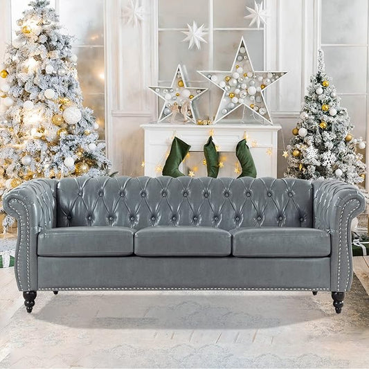 Couches for Living Room Chesterfield Sofa Faux Leather 84 Rolled Arm 3-Seater Couch Deep Button Nailhead Upholstered Couch High-End Furniture Easy to Assemble (Gray)