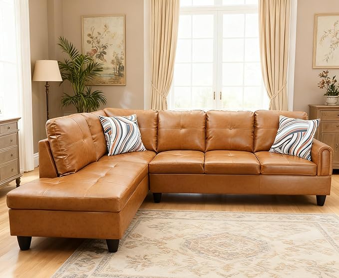 L Shaped Couch Sectional Couches with Chaise 3 Pieces Modular Convertible Sofa for Living Room Furniture Sets and Small Apartment Faux Leather Ginger