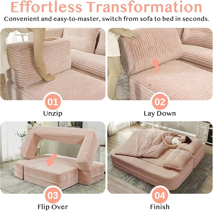 80'' Futon Sofa Bed King Size Foldable Sleeper Sofa Corduroy Boneless Loveseat Couch with Chaise Lounge 3 Pillows Blanket Upholstered Sectional Couches for Living Room Bedroom Pink