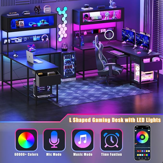 L Shaped Gaming Desk with Power Outlets &amp LED Lights 49'' Reversible Computer Desk with Hutch &amp Pegboard &amp Display Cabinet Corner Home Office Desk with Drawer &amp Keyboard Tray &amp S