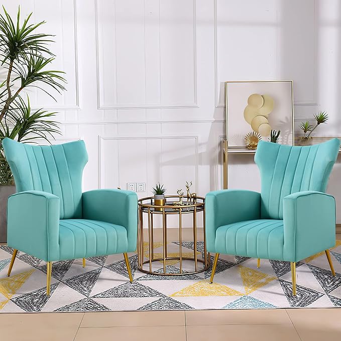 Modern Velvet Accent Chair with Arms Wingback Reading Chair with Gold Metal Legs Comfy Upholstered Single Leisure Sofa for Living Room Bedroom Club(Velvet+Blue)