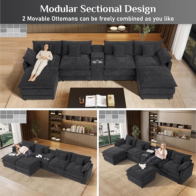 145 Oversized Modular Sectional Sofa U Shaped Cloud Couch 6 Seat Sofa Set for Living Room Comfy Chenille Deep Seat with Storage Central Console Movable Ottomans Cup Holders USB Ports Black Grey
