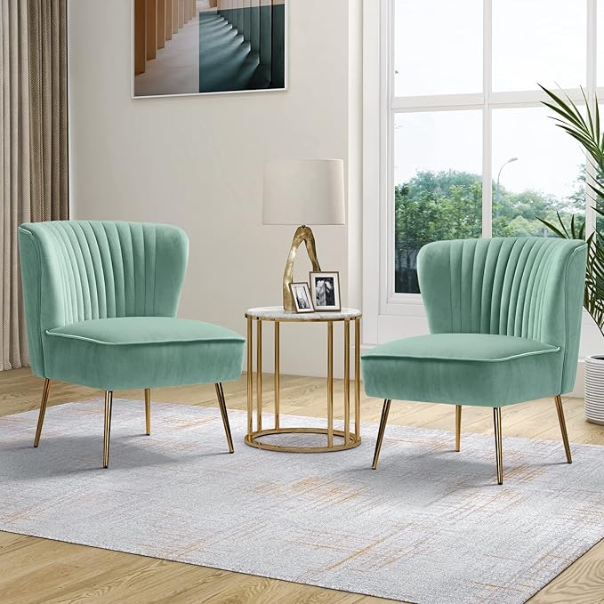 TINA'S HOME Velvet Accent Chair Set of 2 with Metal Golden Legs Upholstered Armless Slipper Chair with Wingback Mid Century Side Chair for Living Room Bedroom Vanity- Sage