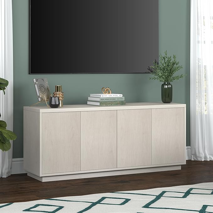 Henn&ampHart Fluted TV Stand for TVs up to 65 with 2 Concealed Ribbed Storage Cabinets and Adjustable Shelves for Living Room Family Room or Office Beech White