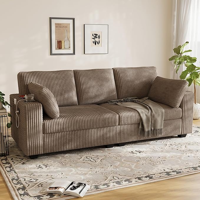 OUYESSIR 80 Loveseat Sofa for Living RoomModern Sofa with USB Charging Ports &amp Cup HoldersComfy Corduroy Couch with Upholstered Cushion3 Seater Deep Seat Couch for Small SpaceBedroom Light Br