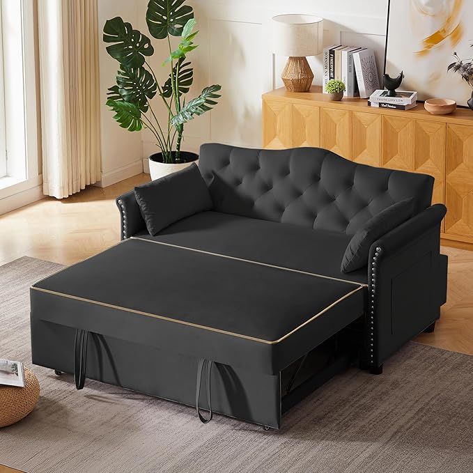 58 Velvet Sofa Bed 3-in-1 Convertible Pull-Out Sleeper Sofa &amp Couch with Storage Bag and Adjustable BackrestPerfect for Small Spaces Living Room or Office