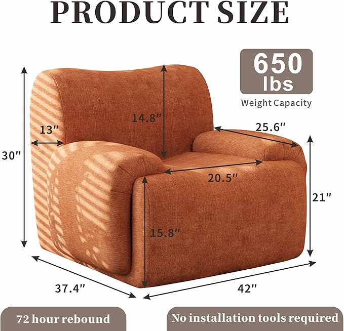 Chifee &amp Vingol Boneless Modern Accent Chair 42 Wide Upholstered Oversized Armchair Deep Seat Single Sofa Chairs Comfy Reading Lounge Chair for Living Room Bedroom Apartment2 PCS Orange