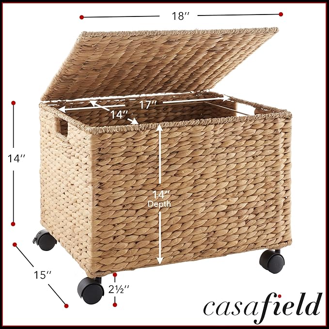Casafield Rolling Filing Cabinet Natural - Water Hyacinth File Organizer with Lid and Locking Wheels Home Office Storage for Hanging Folders