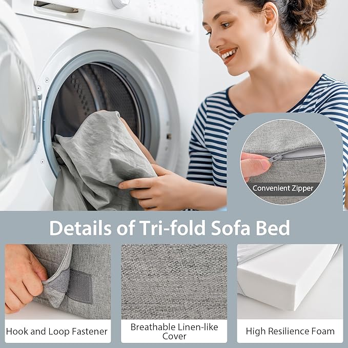 Giantex 6 Inch Folding Sofa Bed Couch with Pillow Tri-fold Mattress with High-Density Foam Foldable Floor Couch with Headrest Portable Guest Bed with Zippered &amp Washable Cover Grey