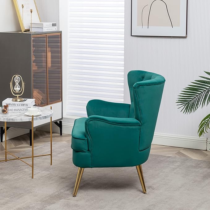 Living Room Chairs Button Tufted Accent Chairs Comfy Bedroom Chair Velvet Side Sitting Chairs Modern Fabric Sofa Slipper Chair for Reading Dark Green