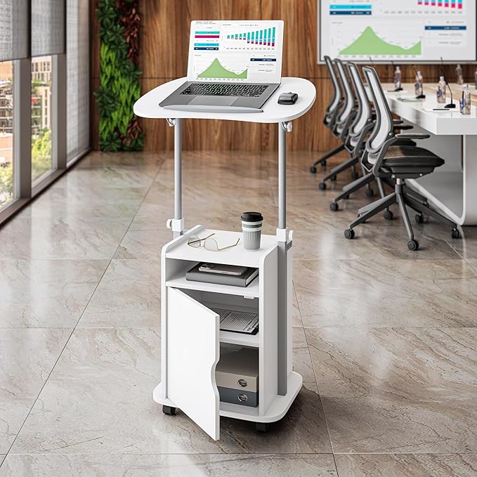 Techni Mobili Adjustable Laptop Cart with Storage Rolling Mobile Workstation Desk with Cabinet Shelf &amp Locking Wheels. Height Adjustable Sit to Stand for Home Office Bedside or Classroom (Whit