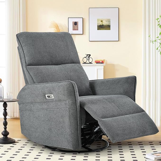 cinkehome Power Swivel Rocker Recliner with USB Overstuffed Electric Reclining Chair Snowflake Fleece Rocker Recliner for Nursery Living Room Bedroom