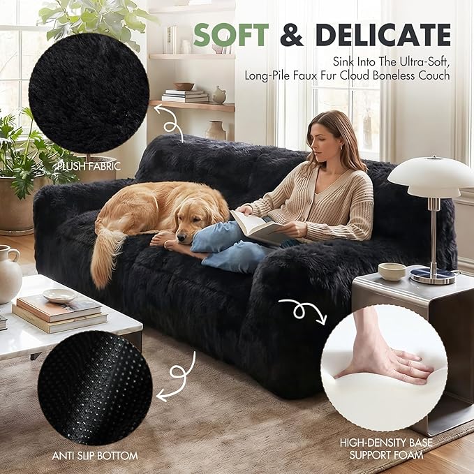Black Compressed Couch 70 2-Seater Fluffy Faux Fur Boneless Loveseat Sofa with Memory Foam for Living Rooms Bedrooms Apartments No Assembly Required | Plush faux fur Memory foam comfort Zero as