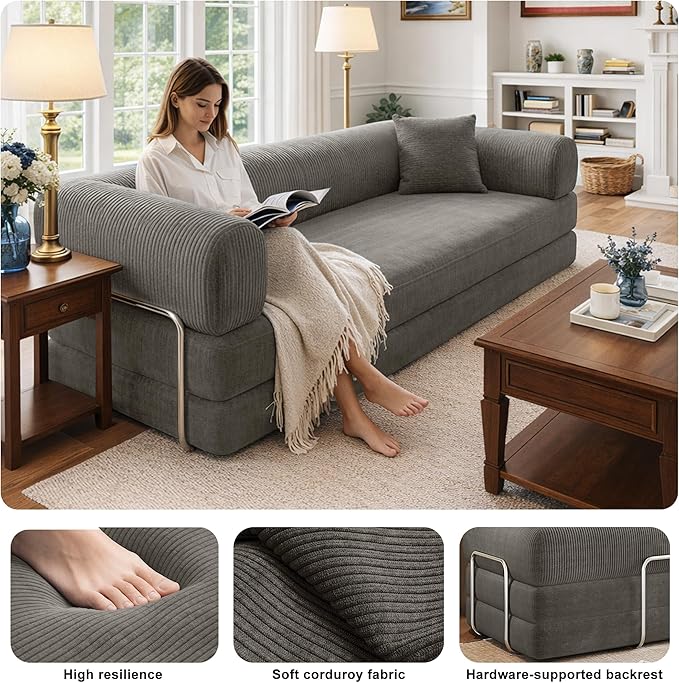 78Inch Compression Sofa 4-in-1 Convertible Floor Sleeper Sofa Bed Folding Sofa Couch with Pillow Support Armrest Cloud Corduroy Foldable Mattress for Living Room Bedroom