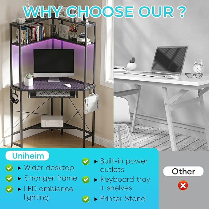 Corner Desk with Hutch and LED Lights Corner Computer Desk with Keyboard Tray and Monitor Stand Small Computer Desk for Small Spaces Home Office（Carbon Black）