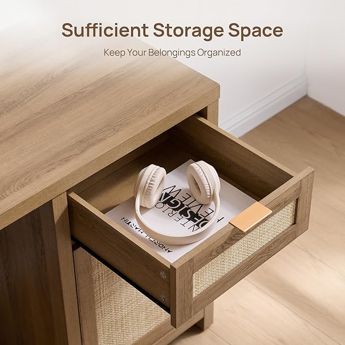 SICOTAS Rattan Executive Desk with Storage 59 Boho Home Office Desk with Cabinets and Drawers Large Computer Table Vanity Desk for Office Study Living Room Oak
