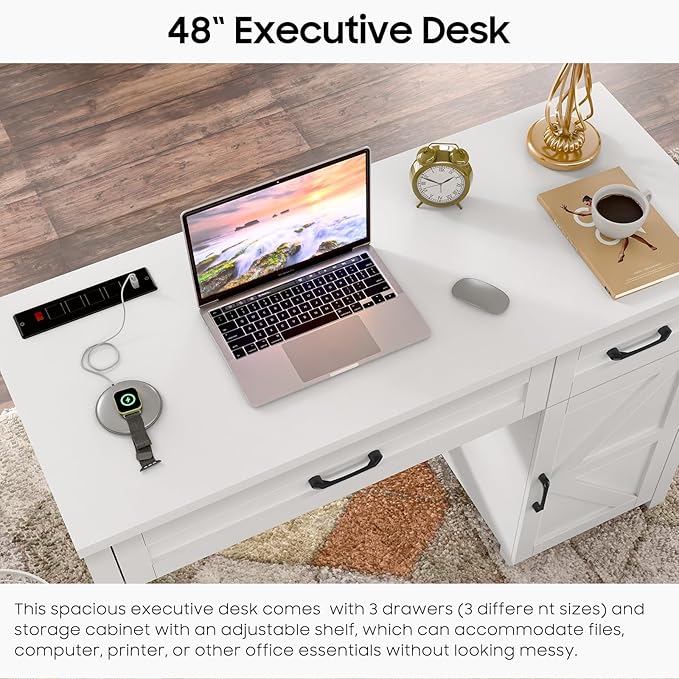 Farmhouse 47 Executive Desk Computer Desk with Drawers and Storage Cabinet Workstation Computer Desk for Home Office Study.Cream White