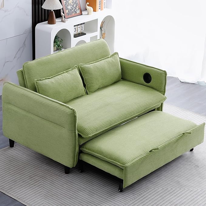 3 in 1 Convertible Sleeper Sofa Bed Loveseat Sleeper 65” Pull Out Couch Adjustable Armrest and Backrest with 2 Pillows for Living Room Bedroom (Green)