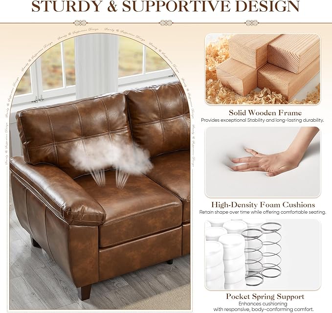 2 Piece Brown Leather Sofa Set with Storage Mid-Century Modern Tufted Retro Vintage Faux Leather Couch and Loveseat Living Room Sets Comfy Cloud Upholstered Furniture(Brown 2+3 Seater Couch Set)